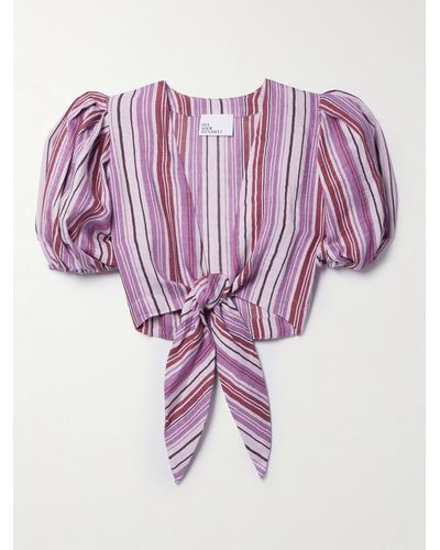 Lisa Marie Fernandez + Net Sustain Pouf Cropped Tie-front Striped Linen-blend Top - Pink