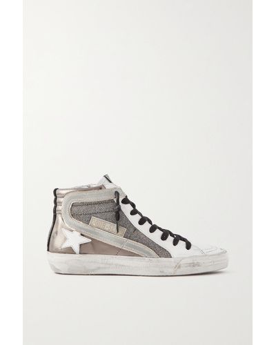 Golden Goose Slide Distressed Suede-trimmed Leather And Lurex High-top Trainers - Metallic
