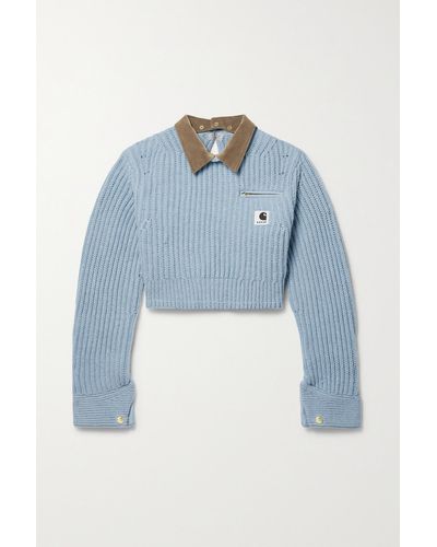 Sacai + Carhartt Wip Detroit Cropped Velvet-trimmed Ribbed Wool-blend Sweater - Blue