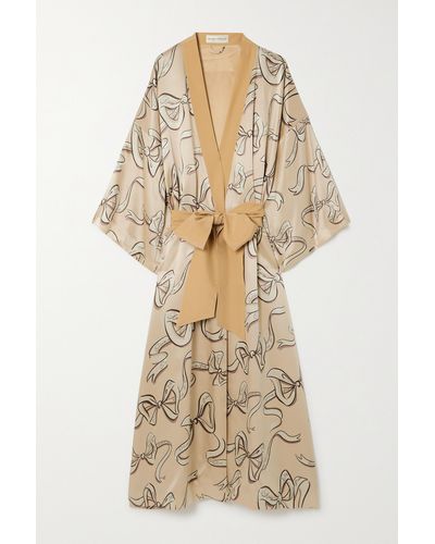 Olivia Von Halle Queenie Belted Printed Silk-satin Robe - Natural