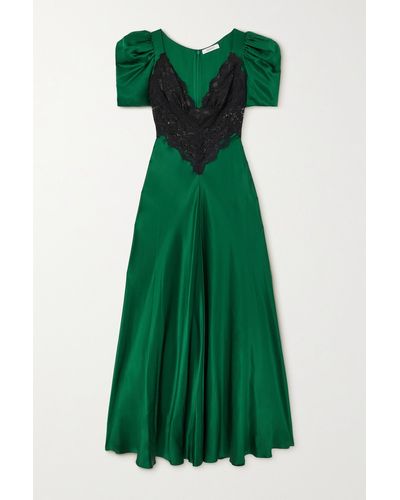 Rodarte Lace-trimmed Silk-satin Maxi Dress - Green