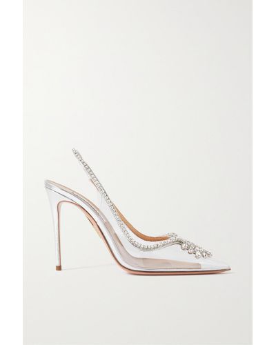 Aquazzura Seduction 105 Crystal-embellished Metallic Leather And Pvc Slingback Pumps - White