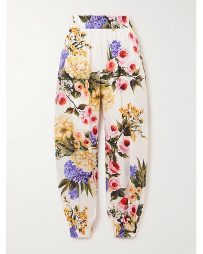 Dolce & Gabbana Hose Aus Baumwollpopeline Mit Blumenprint Und Falten - Weiß