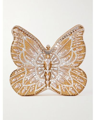 Judith Leiber Butterfly Pearly Crystal And Faux Pearl-embellished Gold-tone Clutch - Natural