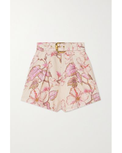 Zimmermann Matchmaker Belted Pleated Floral-print Linen Shorts - Pink