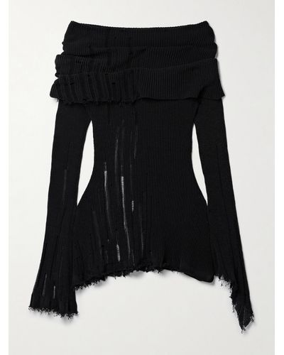 Acne Studios Off-the-shoulder Distressed Ribbed Cotton-blend Jumper - Black