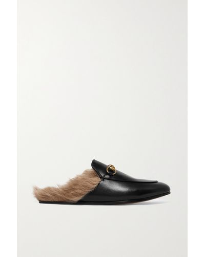 Gucci Princetown Horsebit-detailed Shearling-lined Leather Slippers - Black