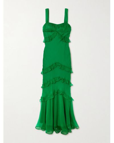 Saloni Chandra Ruffled Plissé Silk-georgette Maxi Dress - Green