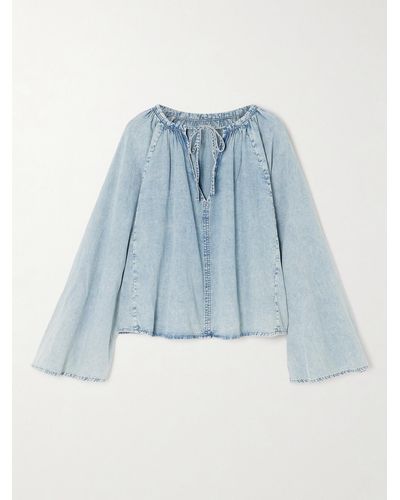 FRAME Gathered Cotton And Linen-blend Chambray Blouse - Blue