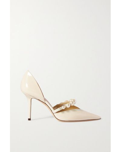 Jimmy Choo Aurelie 85 Faux Pearl-embellished Patent-leather Court Shoes - White