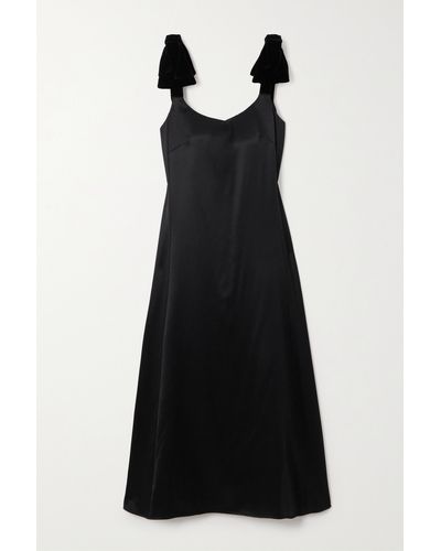 Chloé Bow-embellished Velvet-trimmed Wool And Silk-blend Satin Midi Dress - Black