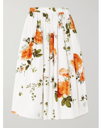 Erdem Gathered Floral-print Cotton-poplin Midi Skirt - Grey