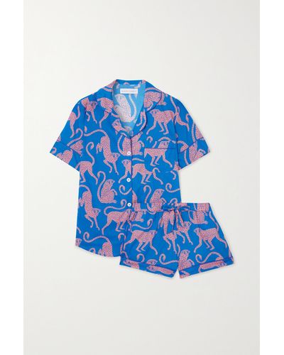 Desmond & Dempsey Chango Pyjama Aus Biobaumwolle Mit Print - Blau