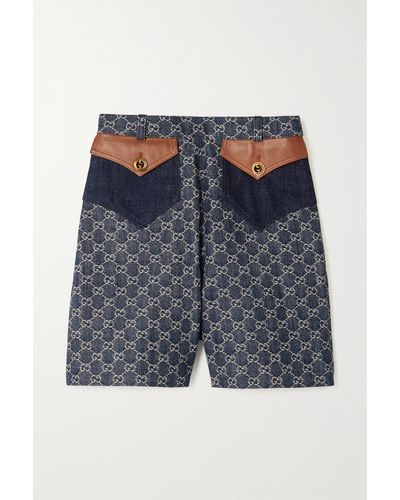 Gucci + Net Sustain Leather-trimmed Organic Denim-jacquard Shorts - Blue