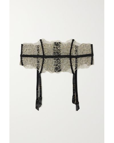 Coco De Mer Damona Satin-trimmed Metallic Leavers Lace Suspender Belt - Multicolor