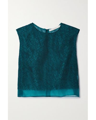 Jason Wu Cropped Layered Corded Lace And Silk-organza Top - Green