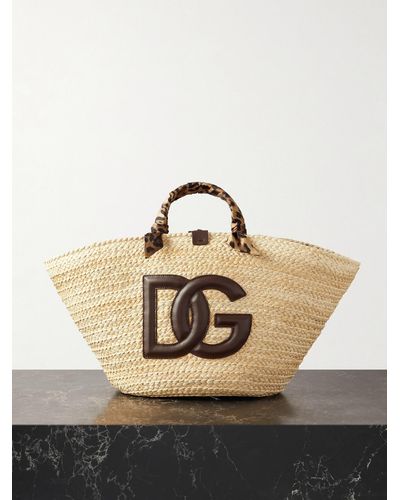 Dolce & Gabbana Kendra Small Leather And Leopard-print Twill-trimmed Raffia Tote - Natural