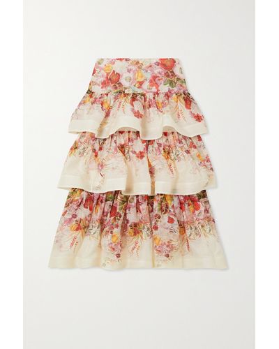 Zimmermann Wonderland Tiered Floral-print Linen And Silk-blend Midi Skirt - White