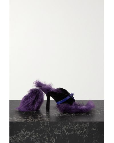 Burberry Faux Fur-trimmed Leather And Velvet Mules - Purple