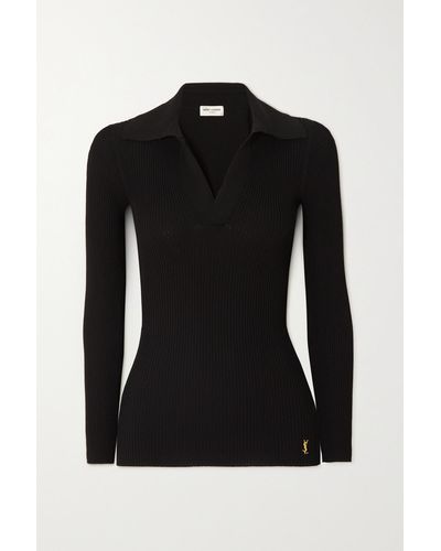 Saint Laurent Embellished Ribbed-knit Polo Sweater - Black