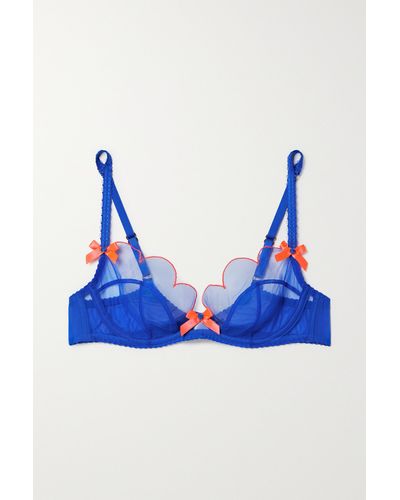 Agent Provocateur Lorna Bow-embellished Embroidered Tulle Underwired Soft-cup Bra - Blue