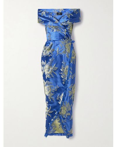 Etro Off-the-shoulder Fringed Floral-brocade Midi Wrap Dress - Blue