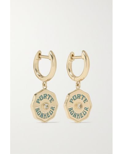 Marlo Laz Wee Porte Bonheur 14-karat Gold, Enamel And Aquamarine Hoop Earrings - Natural