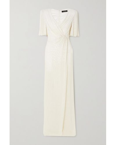 Jenny Packham Draped Wrap-effect Embellished Chiffon Gown - White