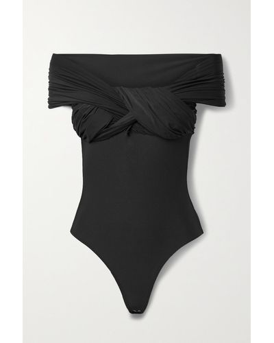 Goldsign The Odette Off-the-shoulder Twist-front Ruched Stretch-jersey Thong Bodysuit - Black