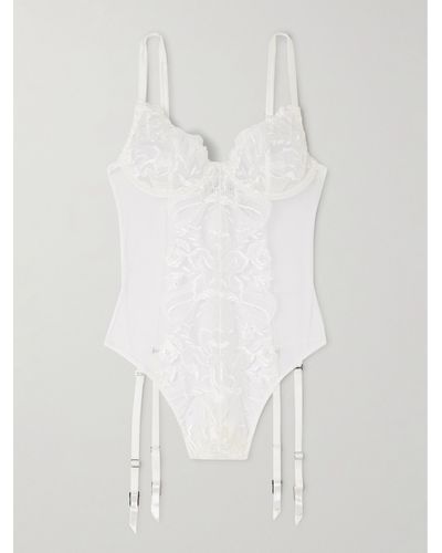 Fleur du Mal Silk-blend Satin-trimmed Guipure Lace And Tulle Underwired Bodysuit - White