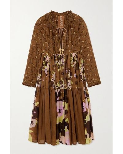 Yvonne S + Net Sustain Tie-detailed Tiered Floral-print Cotton-voile Midi Dress - Brown