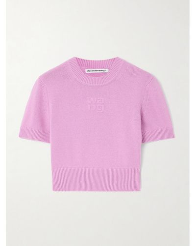 T By Alexander Wang Verkürzter Pullover Aus Einer Baumwoll-wollmischung Mit Prägung - Pink