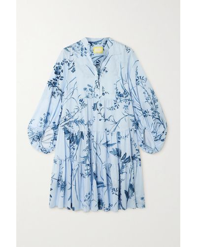 Erdem Tiered Floral-print Cotton-voile Mini Shirt Dress - Blue