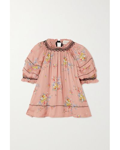 The Great The Folklore Smocked Floral-print Satin Top - Pink