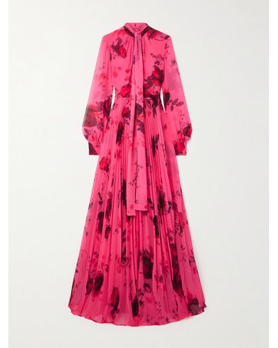Erdem Tie-neck Floral-print Voile Gown - Pink