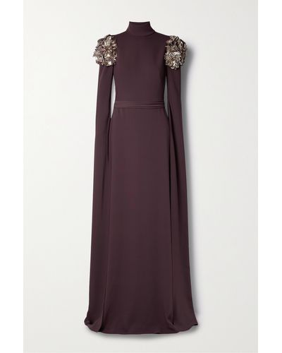 Reem Acra Belted Appliquéd Crepe Gown - Purple