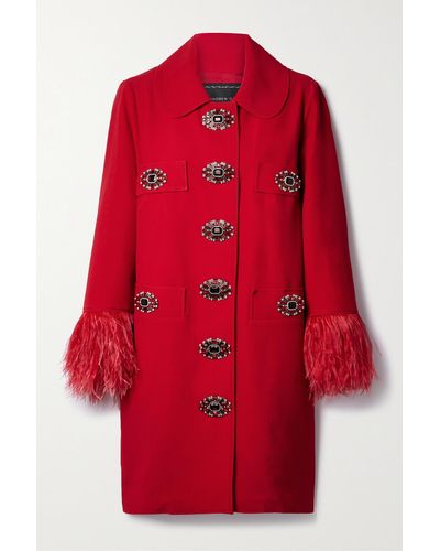 Andrew Gn Embellished Feather-trimmed Crepe Coat - Red