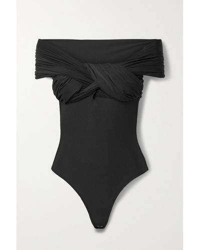 Goldsign The Odette Off-the-shoulder Twist-front Ruched Stretch-jersey Thong Bodysuit - Black