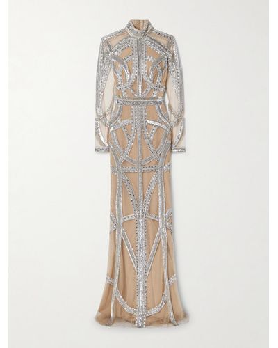 Zuhair Murad Roads Embellished Tulle Turtleneck Gown - Natural