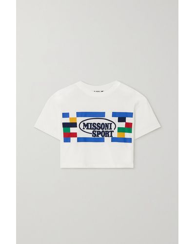 Missoni Cropped Printed Embroidered Cotton-jersey T-shirt - Blue