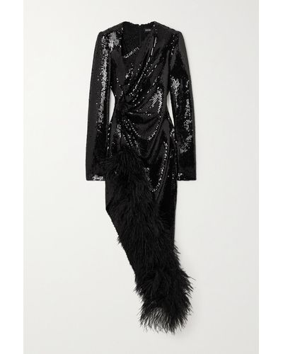 David Koma Asymmetric Feather-trimmed Sequined Chiffon Midi Dress - Black