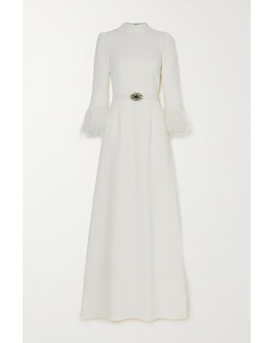 Andrew Gn Belted Crystal And Feather-embellished Crepe Gown - White