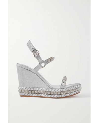 Christian Louboutin Pyraclou 110 Glittered Leather Wedge Sandals - White