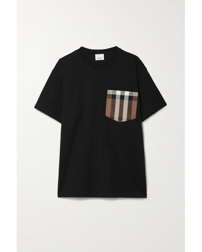 Burberry Checked Twill-trimmed Cotton-jersey T-shirt - Black