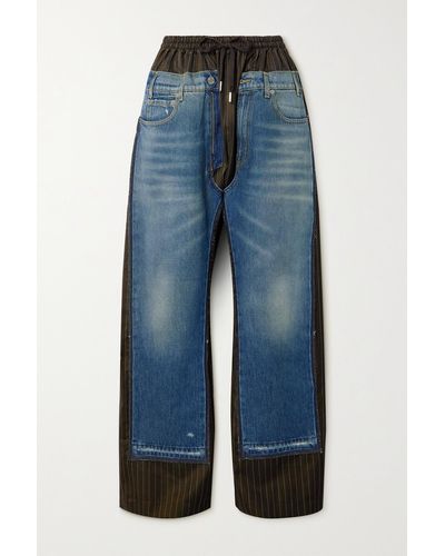 Jean Paul Gaultier Panelled Denim And Pinstriped Wool-blend Wide-leg Pants - Blue