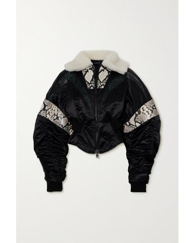 Mugler Cropped Recycled-satin, Snake-effect Leather And Shearling Jacket - Black