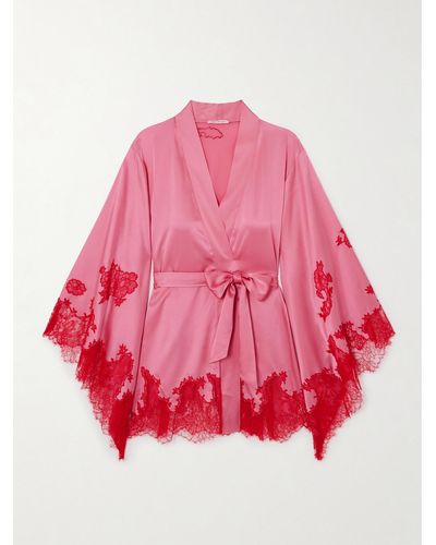 Agent Provocateur Christi Belted Leavers Lace-trimmed Silk-blend Satin Robe - Pink
