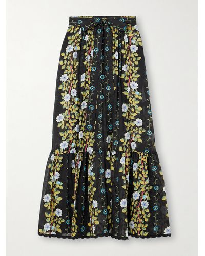 Etro Belted Scalloped Floral-print Cotton-voile Maxi Skirt - Green