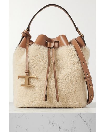 Tod's Leather-trimmed Shearling Bucket Bag - Natural