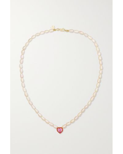 Alison Lou Heart Streamer 14-karat Gold, Laboratory-grown Sapphire, Pearl And Enamel Necklace - White